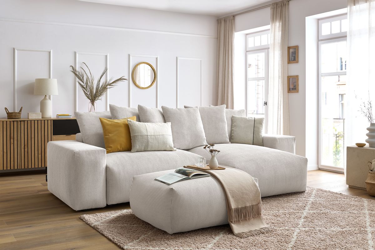 Canapé d'angle réversible convertible coffre VOLTAIRE avec pouf