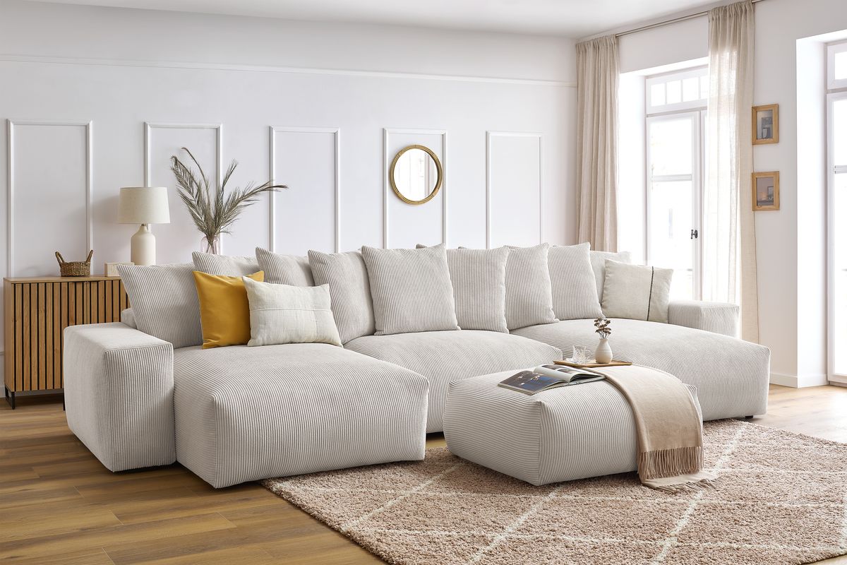 Canapé panoramique convertible coffre VOLTAIRE avec pouf