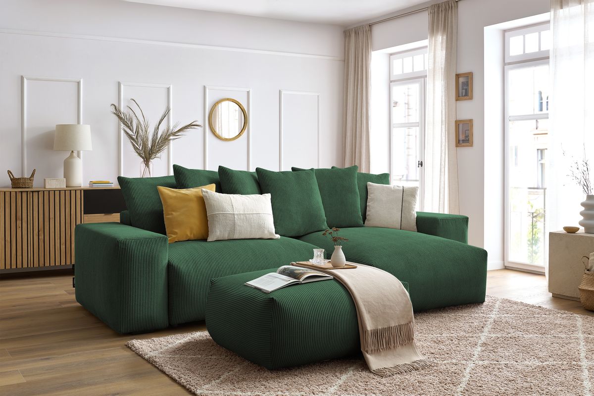 Canapé d'angle réversible convertible coffre VOLTAIRE avec pouf