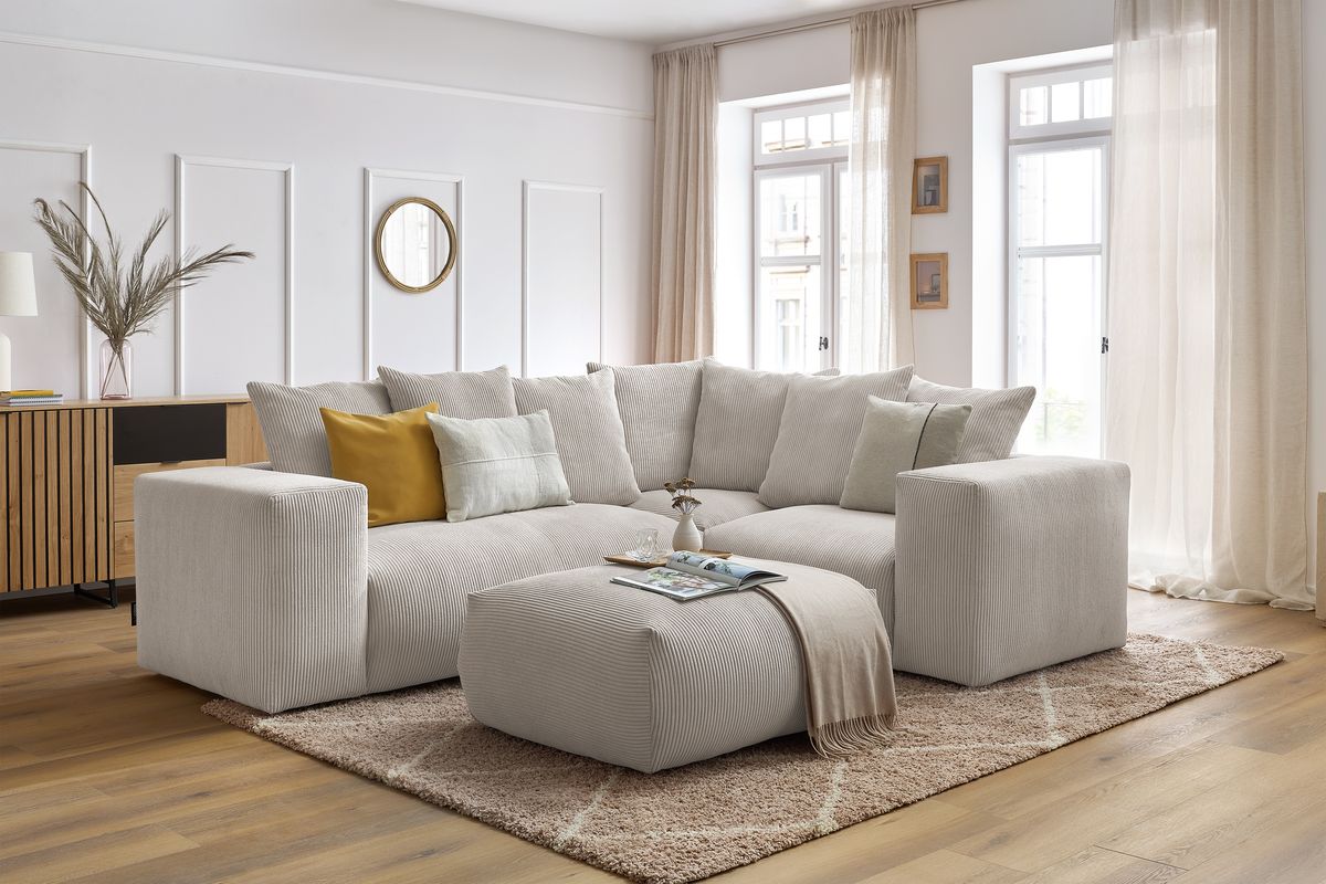 Canapé d'angle fixe modulable VOLTAIRE avec 1 chauffeuse 2 places, 1 angle, 1 chauffeuse 1 place et 1 pouf
