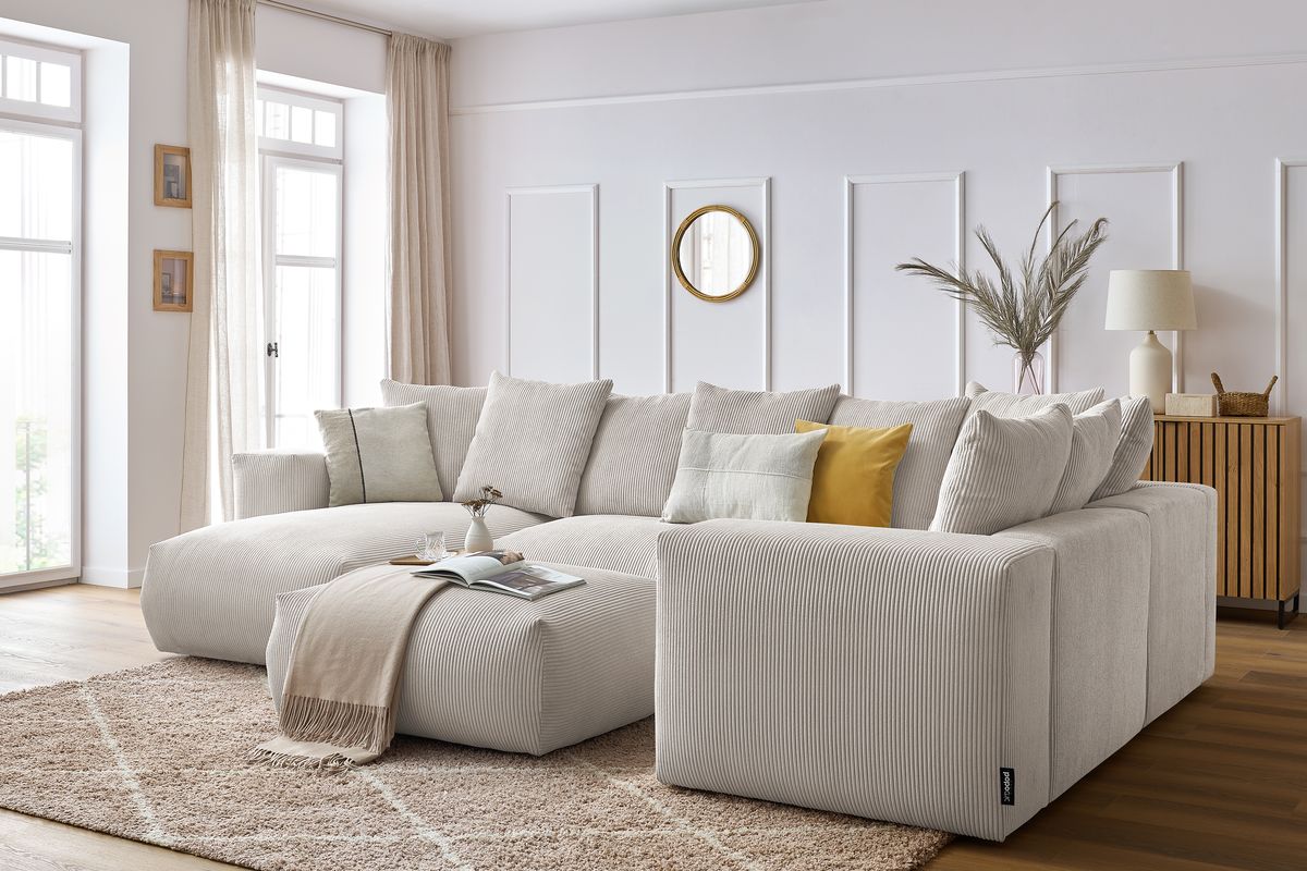 Canapé panoramique fixe modulable VOLTAIRE avec 1 méridienne, 1 angle, 2 chauffeuses et 1 pouf