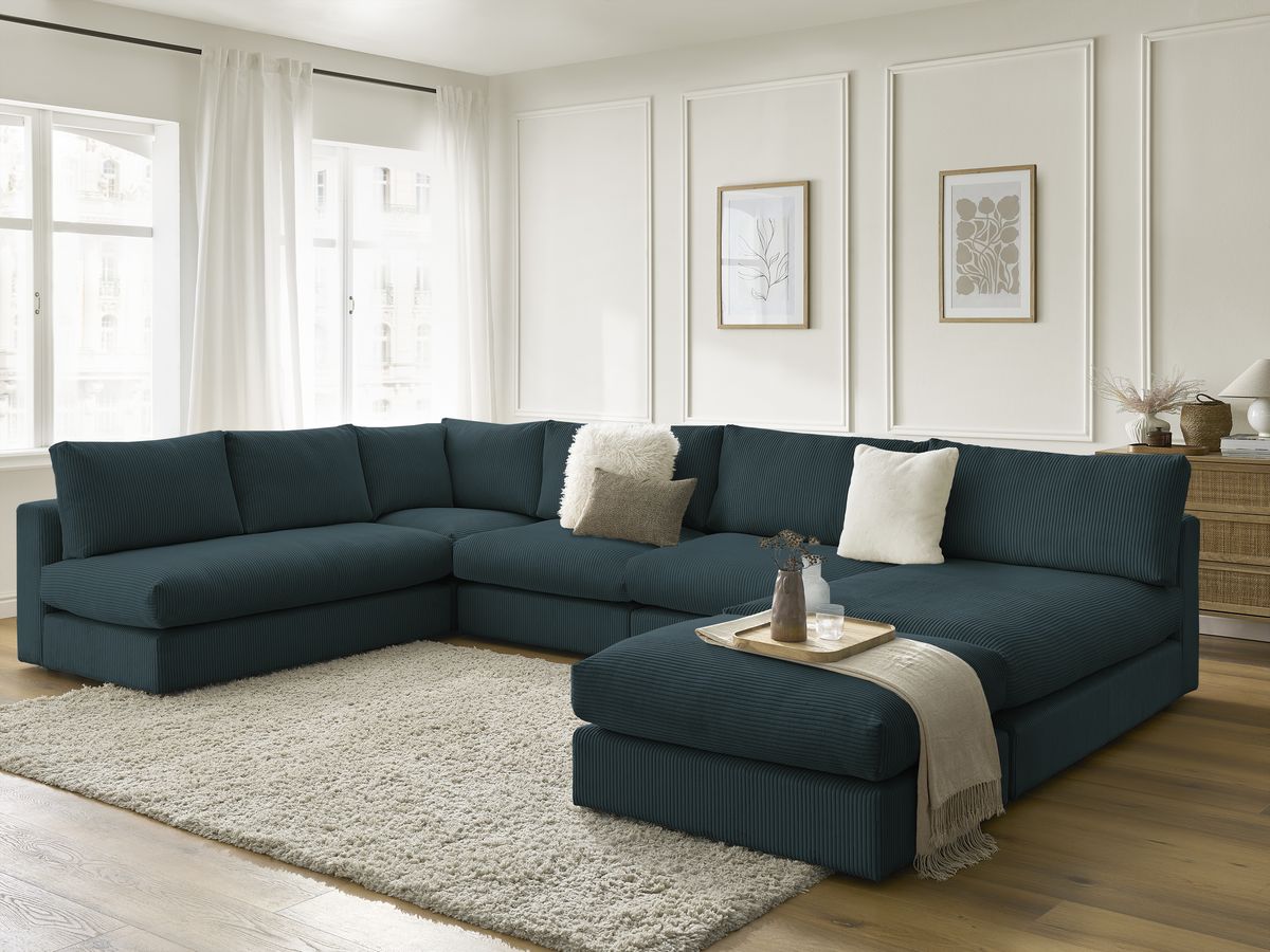 Modulaire PARIS corduroy hoekbank met 3 fauteuils, 1 chaise longue, 1 hoekbank en 1 poef