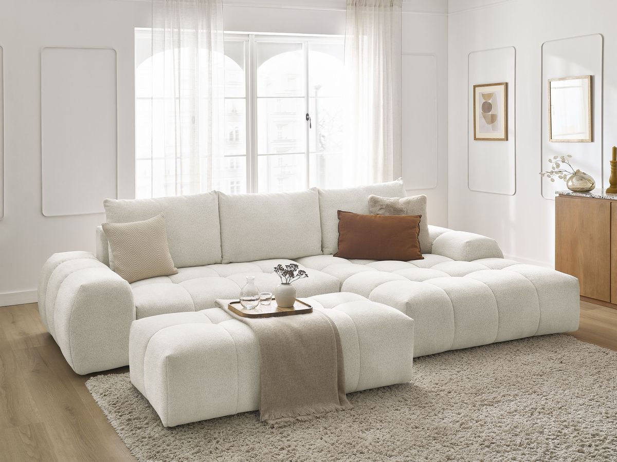 Canapé d'angle convertible coffre EVEREST tissu chiné avec pouf