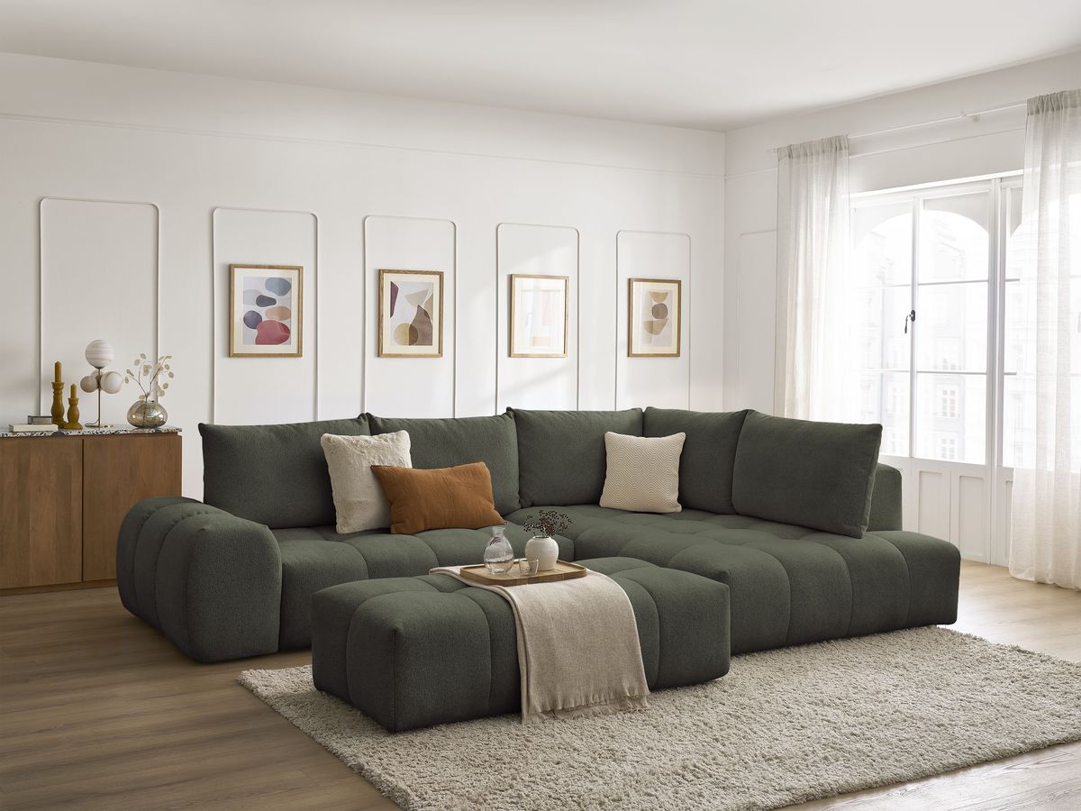 Canapé d'angle L convertible coffre EVEREST tissu chiné avec pouf
