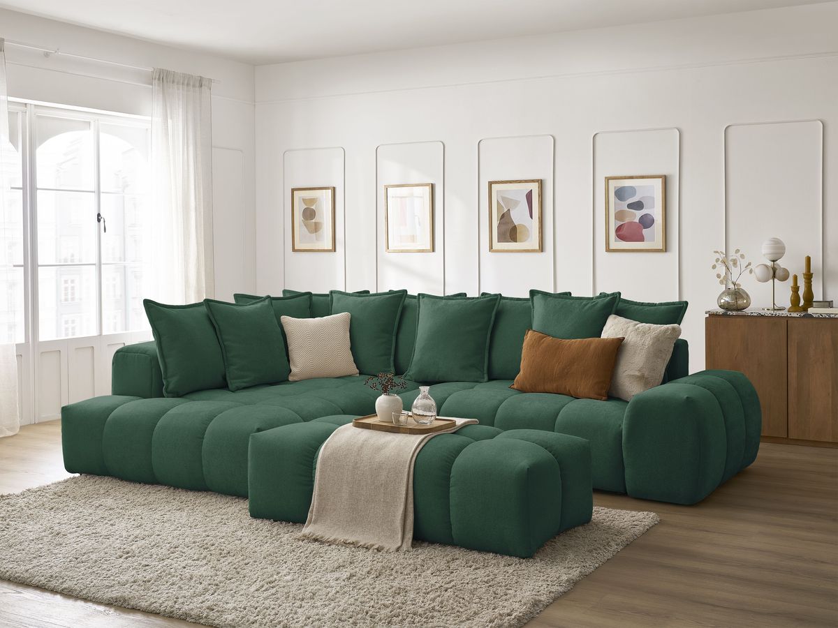 Canapé d'angle L convertible coffre EVEREST tissu texturé avec pouf