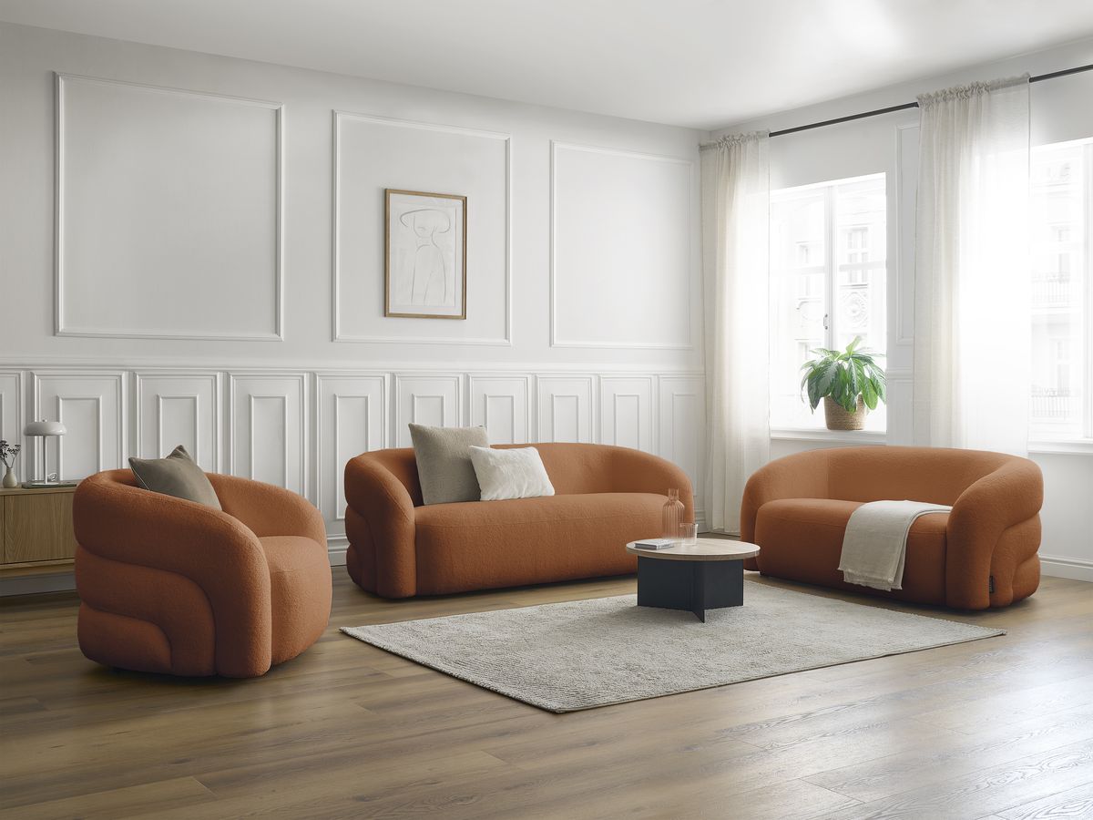 Ensemble canapé droit fixe 3 + 2 places + fauteuil pivotant ELINA tissu bouclette