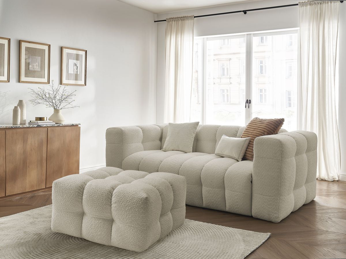 Canapé droit convertible ouverture express 3 places CLOUD tissu bouclette avec pouf