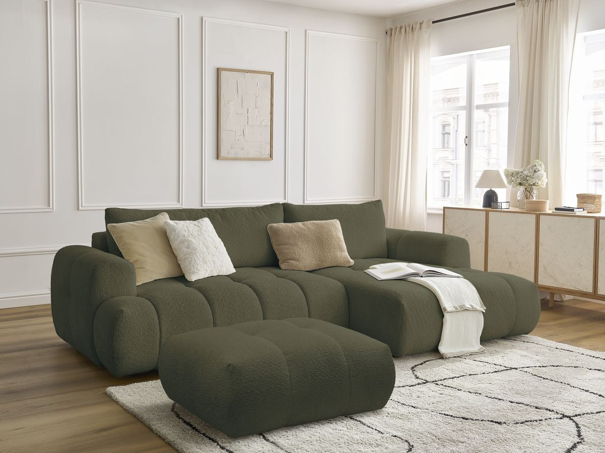 Canapé d'angle convertible FUJI tissu bouclette avec pouf