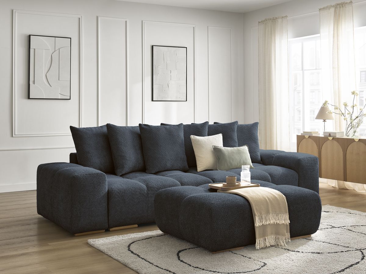 Canapé droit convertible coffre ANAKIN tissu bouclette avec pouf