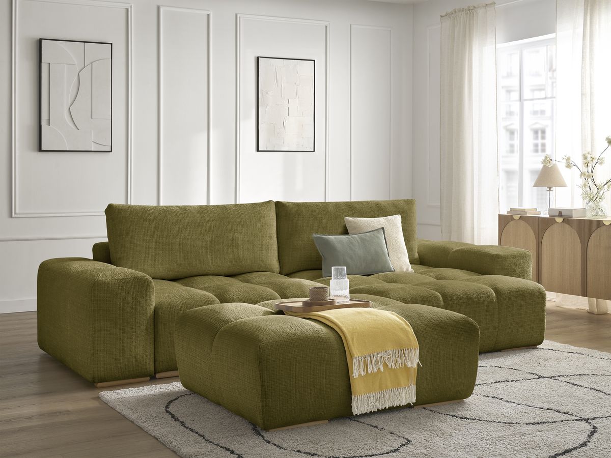 Canapé d'angle réversible convertible coffre ANAKIN tissu texturé avec pouf