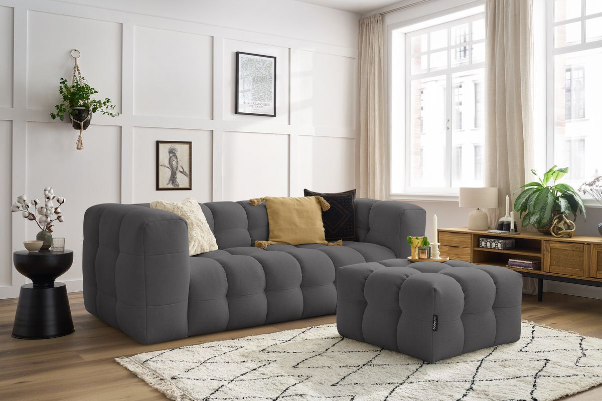 Canapé droit convertible ouverture express 3 places CLOUD tissu lisse avec pouf