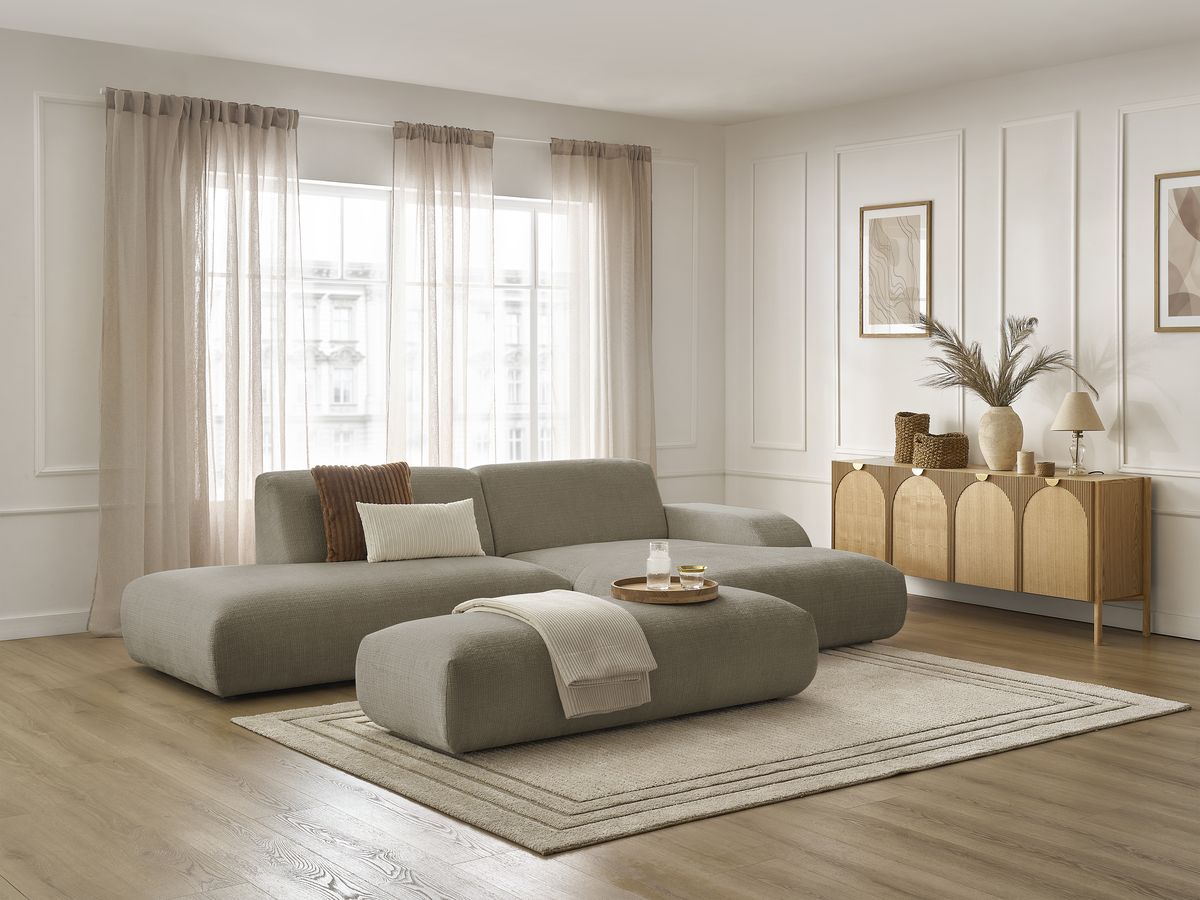 Canapé d'angle fixe SIRIUS tissu texturé avec grand pouf