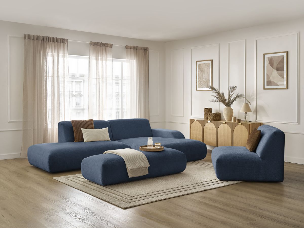 SIRIUS vaste modulaire hoekbank in structuurstof met 1 fauteuil en grote poef