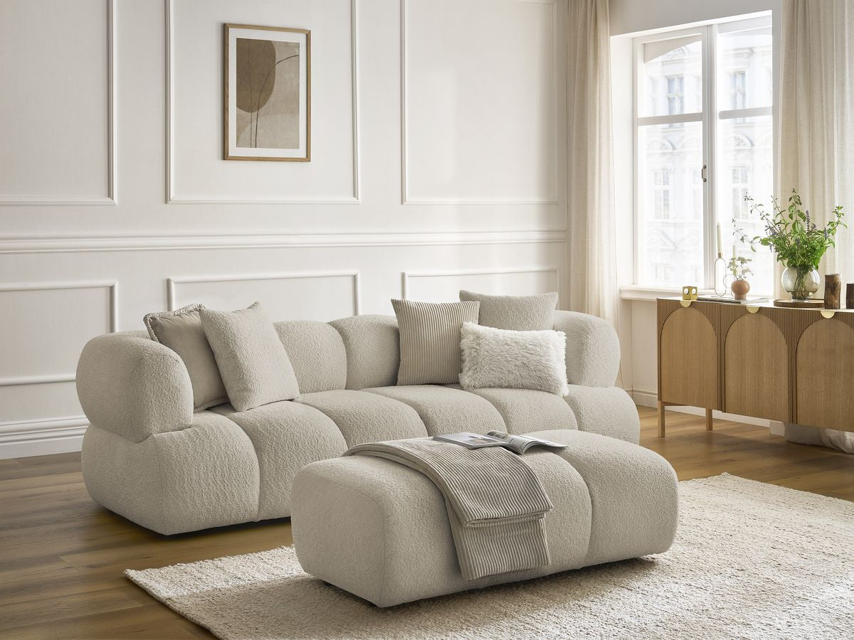 Canapé droit fixe 3 places PAMIRA tissu bouclette avec pouf