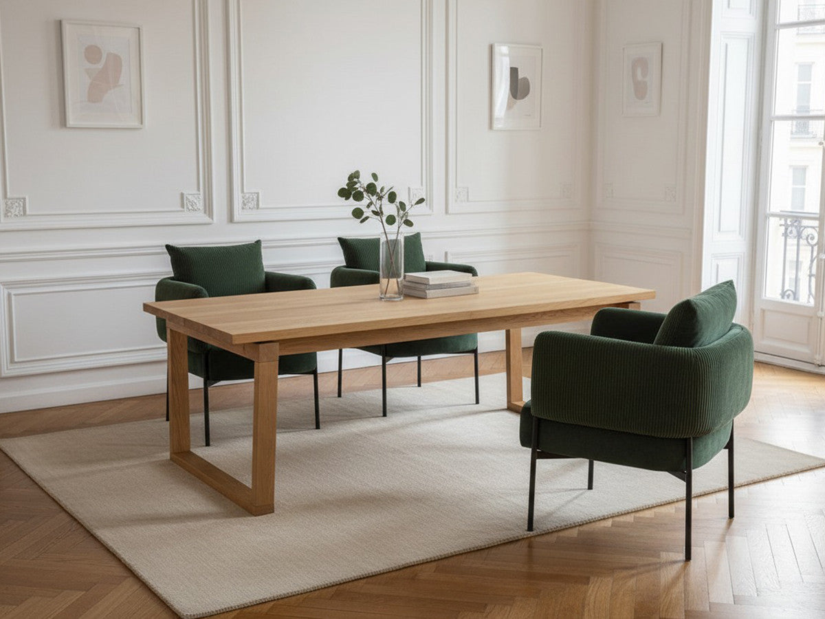 MARIN set met 220 cm eikenhouten eettafel + 6 GABIN corduroy fauteuils