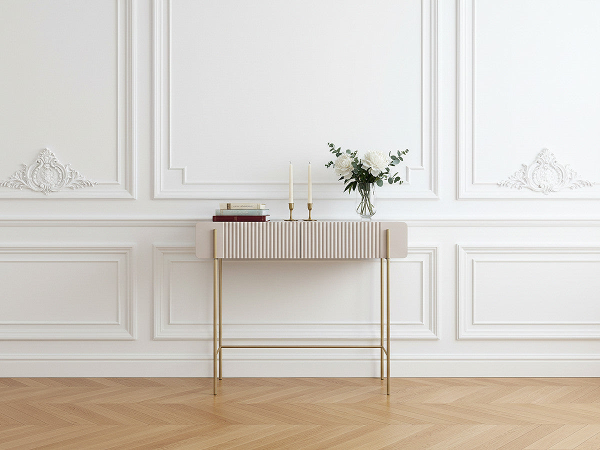 Console 2 tiroirs 100 cm MATHILDE plateau effet marbre et pieds or
