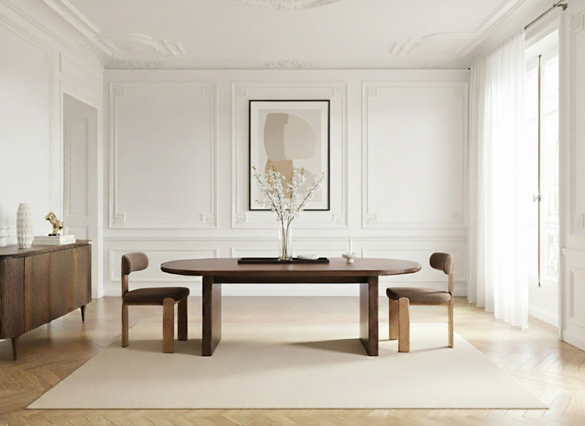 Ensemble PABLO avec table à manger ovale 220 cm placage noyer + chaises TANYA tissu texturé