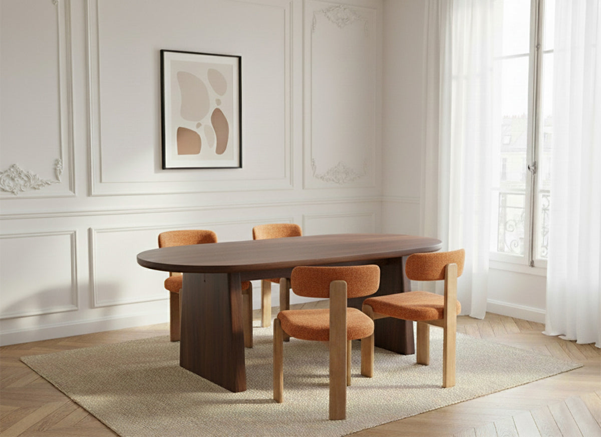 PABLO set met ovale eettafel 220 cm in notenhoutfineer + TANYA stoelen in structuurstof