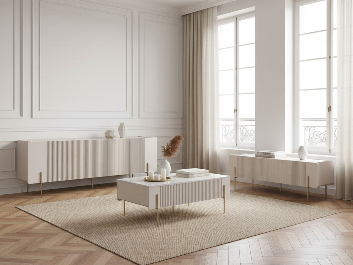 Ensemble MATHILDE avec buffet 200 cm + meuble TV 200 cm + table basse 100 cm plateau effet marbre et pieds or