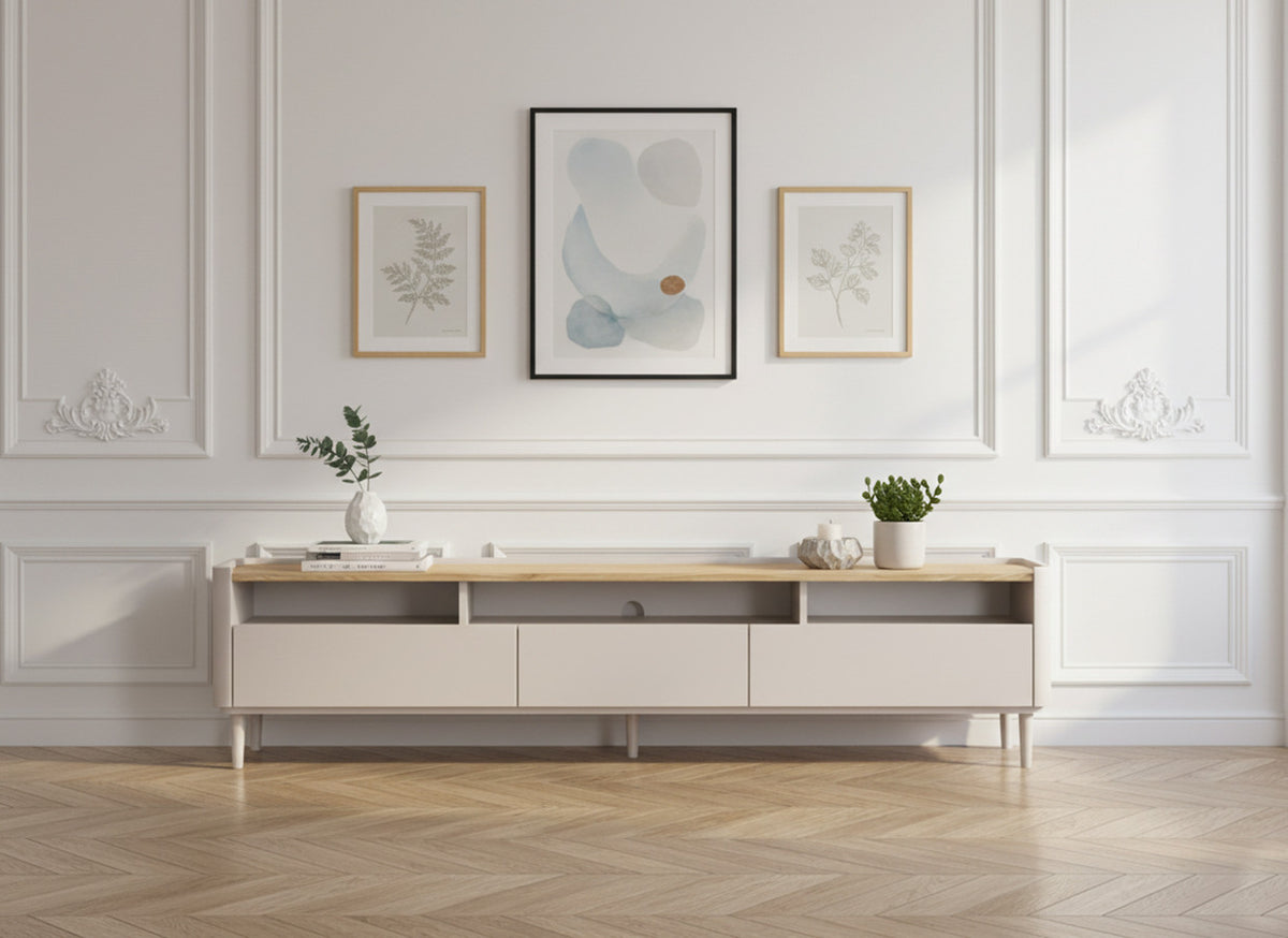 Meuble TV 1 porte 2 tiroirs 200 cm ANYRA pieds en bois massif