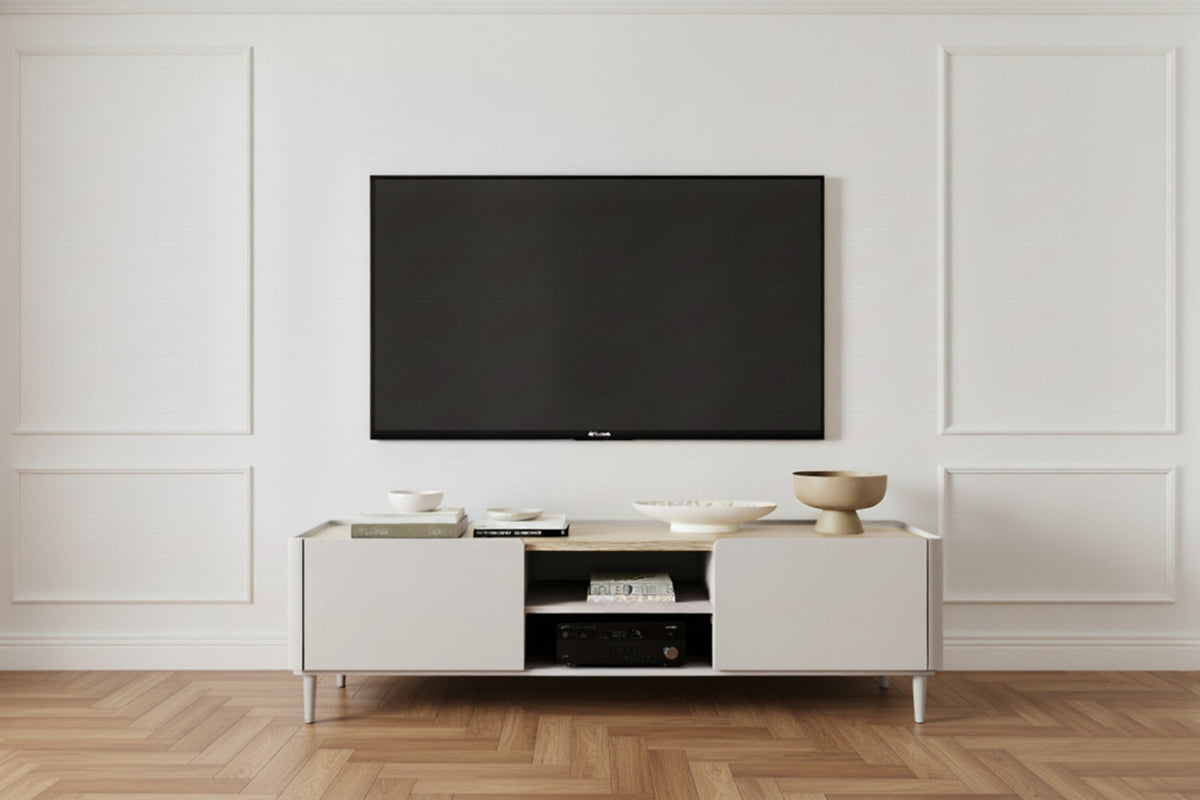 Meuble TV 1 porte 1 tiroir 170 cm ANYRA pieds en bois massif