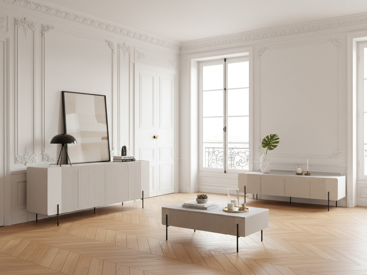 Ensemble MATHILDE avec buffet 200 cm + meuble TV 200 cm + table basse 100 cm plateau effet marbre et pieds noirs
