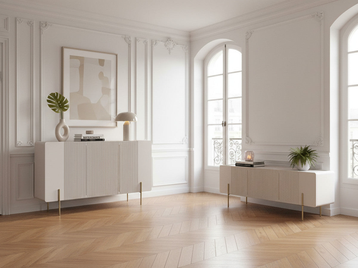 MATHILDE set met 150 cm dressoir + 150 cm tv-meubel met marmerlook blad en gouden poten