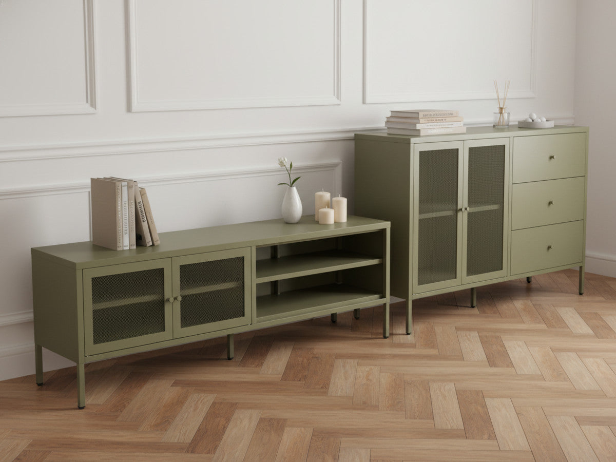 CLARA 2-deurs, 2-planken tv-meubel 160 cm metaal + CLARA 2-deurs, 3-laden dressoir 140 cm metaal Limited Edition