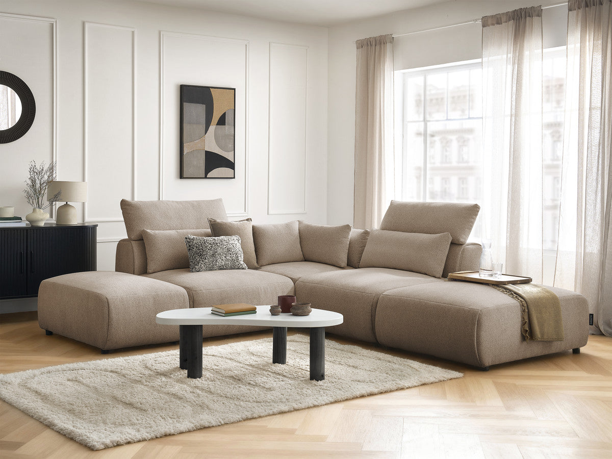 Canapé d'angle fixe modulable avec têtières JANA tissu chiné avec 2 chauffeuses, 1 angle et 2 poufs