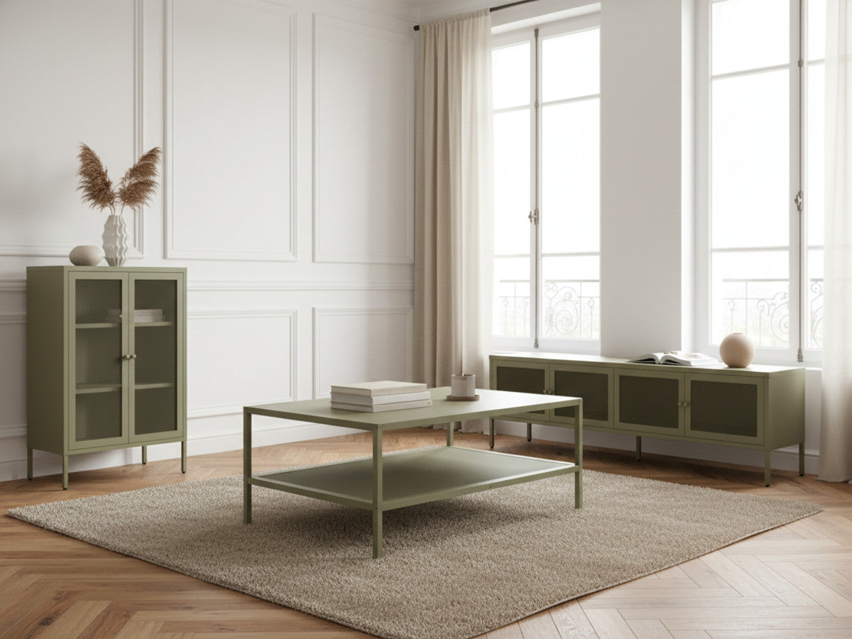 CLARA 4-deurs tv-meubel 160 cm metaal + CLARA 2-deurs hoog dressoir 70 cm metaal + CLARA 100 cm salontafel metaal limited edition
