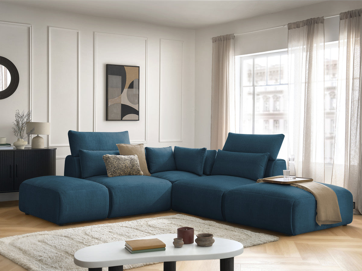 Modulaire vaste hoekbank met hoofdsteunen JANA fluwelen stof met 2 fauteuils, 1 hoekelement en 2 poefs