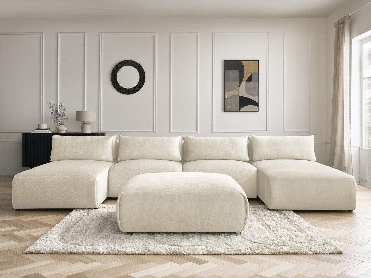 Canapé panoramique fixe modulable avec têtières JANA tissu velours avec 2 méridiennes, 2 chauffeuses et 1 grand pouf