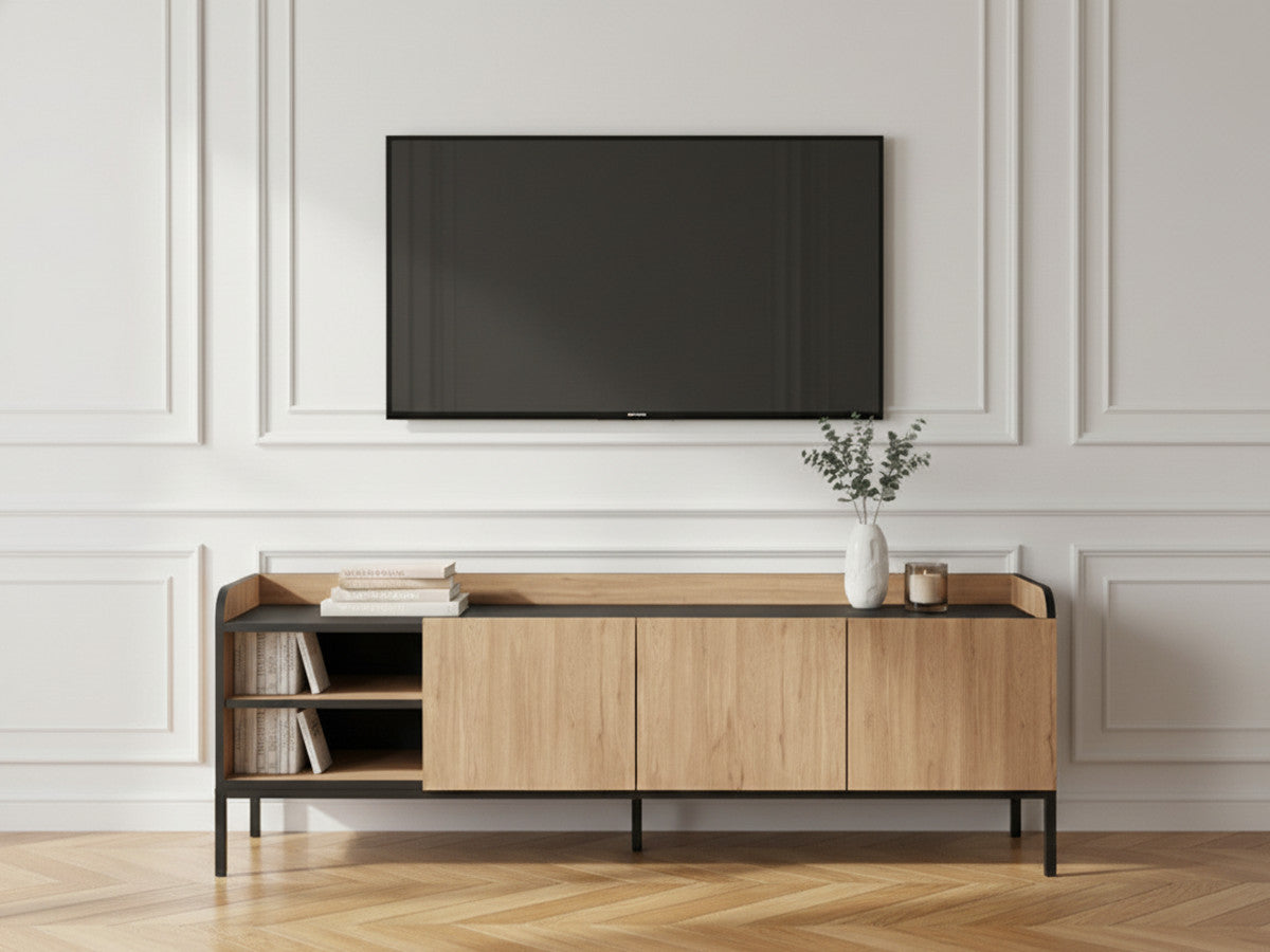 Meuble TV 2 portes 2 niches 160 cm AURIANE pieds métal noir