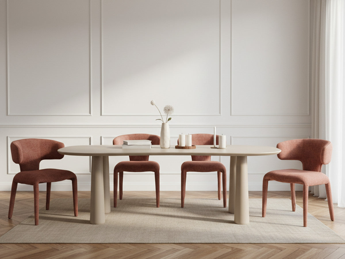 Set SASHA met ovale eettafel beige 220 cm + MILA stoelen in structuurstof