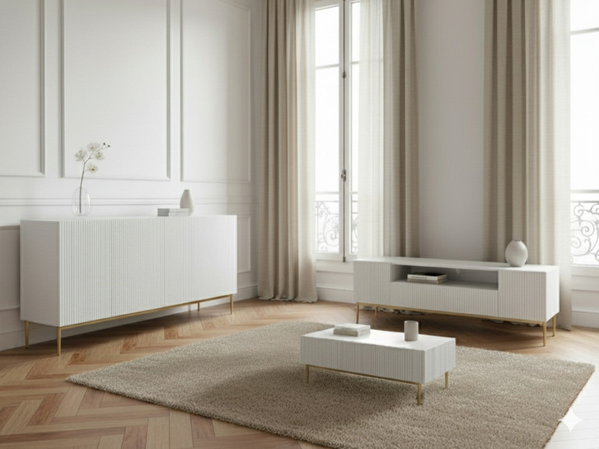 KASHA set met 200 cm tv-meubel met nis + 200 cm 4-deurs dressoir met gouden poten