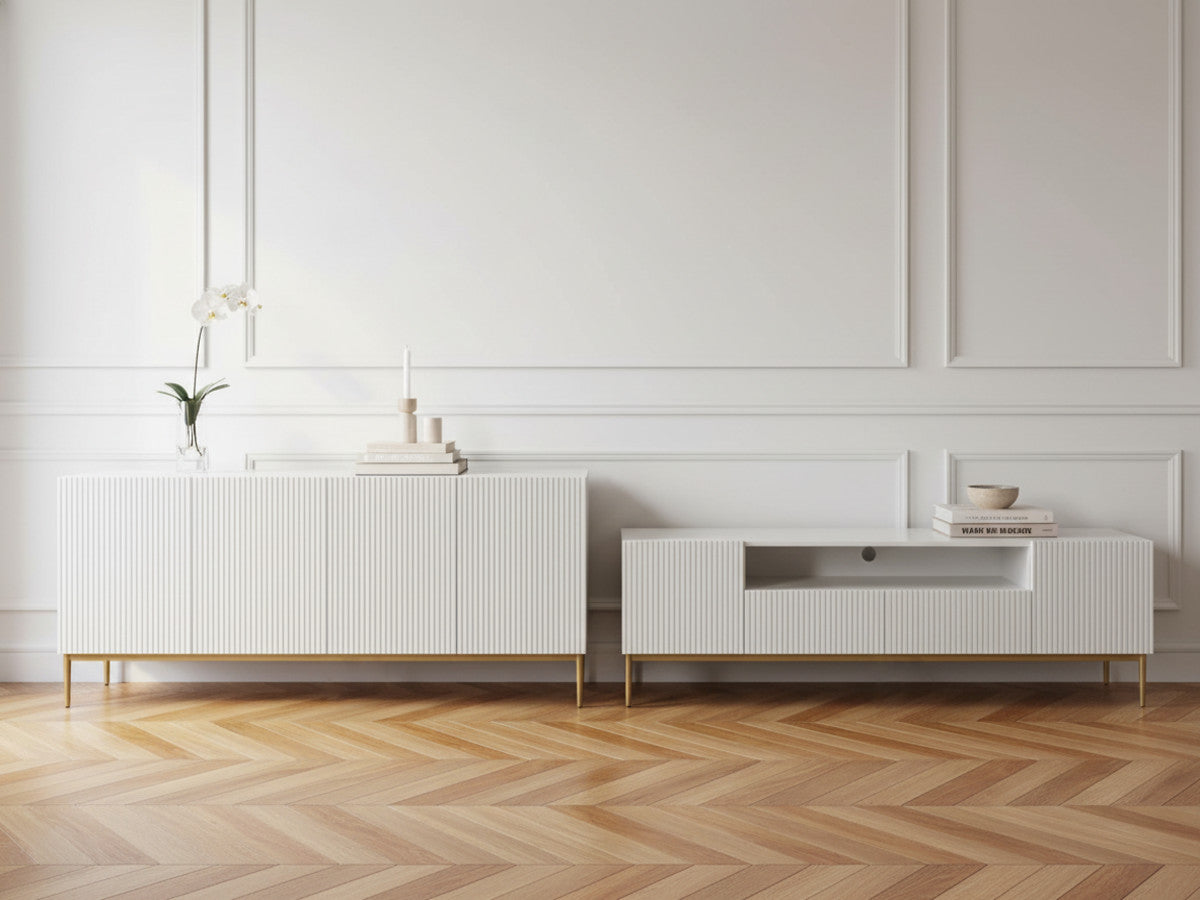 KASHA set met 200 cm tv-meubel met nis + 200 cm 4-deurs dressoir met gouden poten
