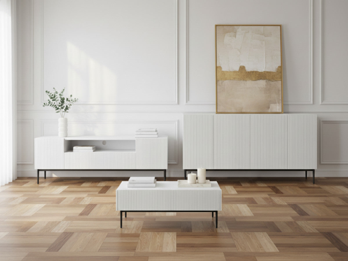 KASHA set met 200 cm tv-meubel met nis + 200 cm 4-deurs dressoir + salontafel met zwarte poten