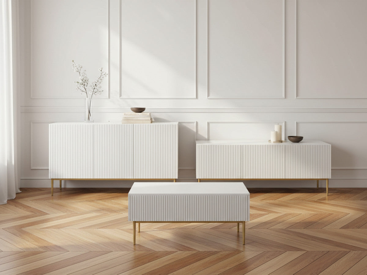Ensemble KASHA avec meuble TV 150 cm + buffet 150 cm + table basse pieds or