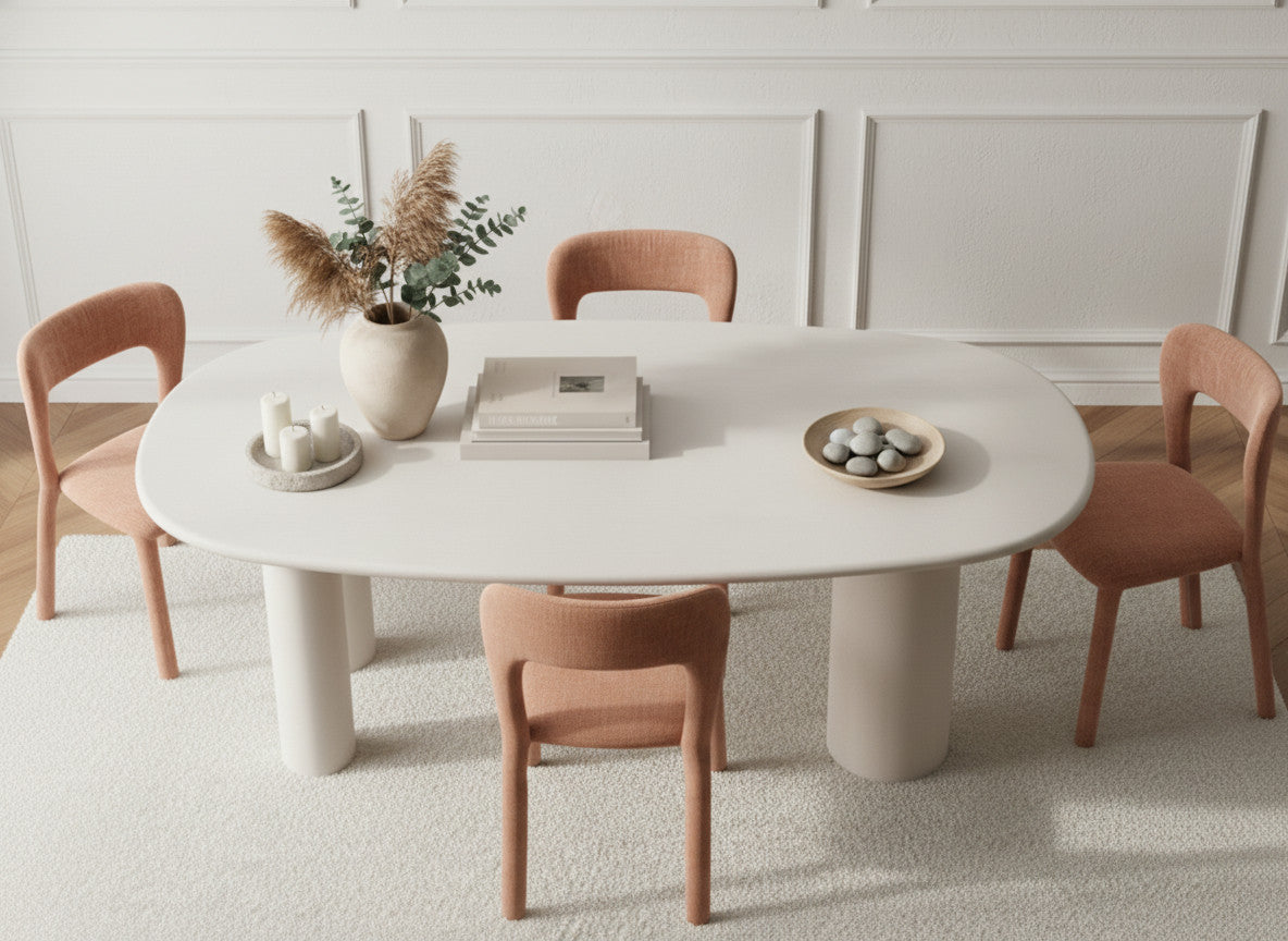 CONSTANCE set met ovale eettafel 200 cm beige betonlook + 4 PIA stoelen