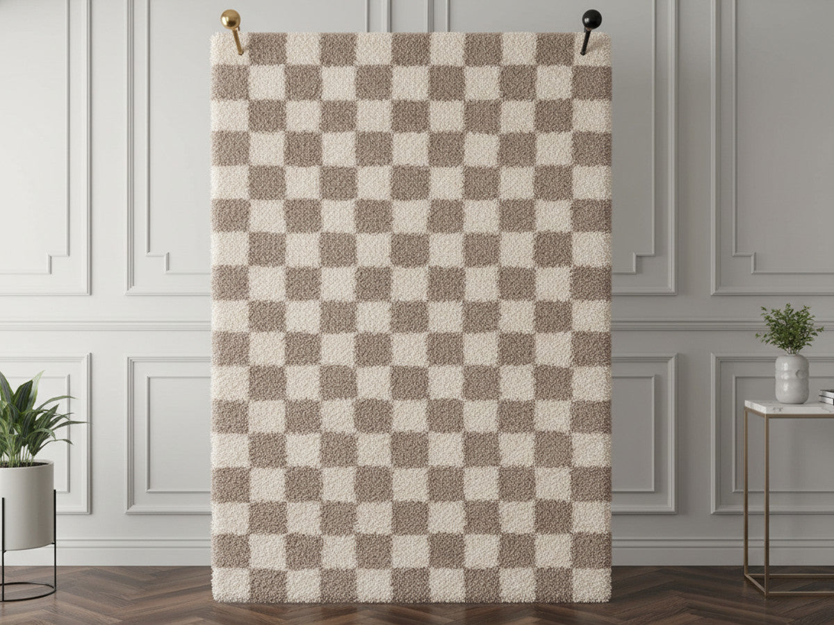 Tapis poils longs DAMIAN motifs damier