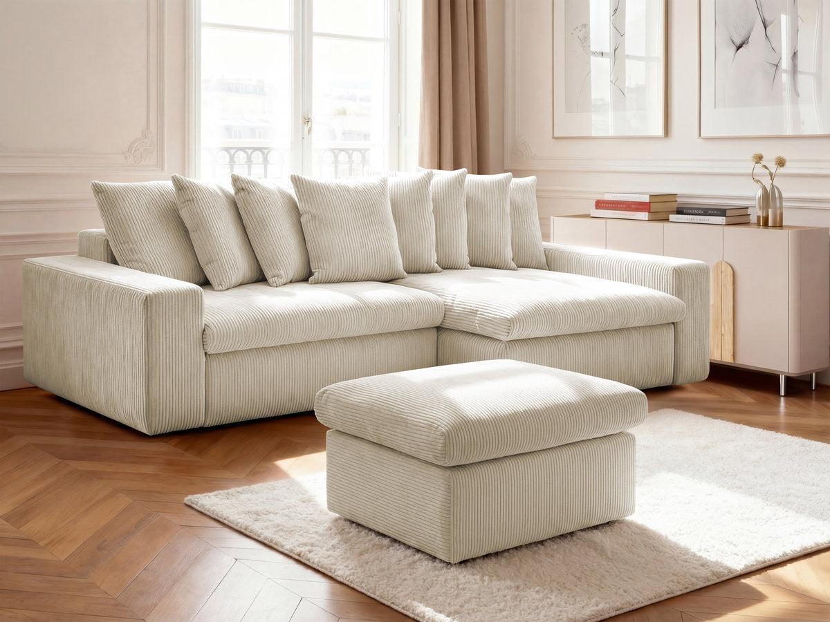Canapé d'angle fixe ENORE velours côtelé avec pouf
