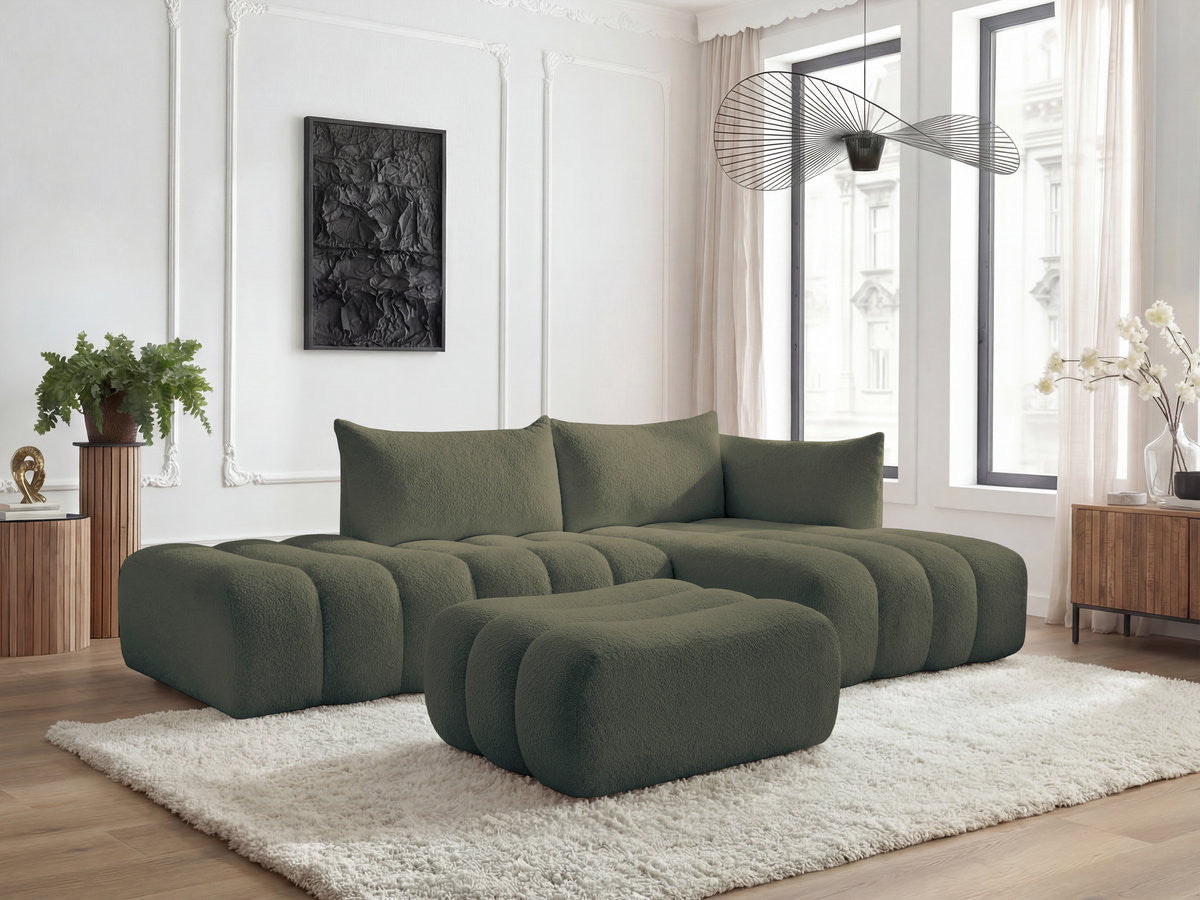 Canapé d'angle fixe modulable AZRA tissu bouclette avec pouf
