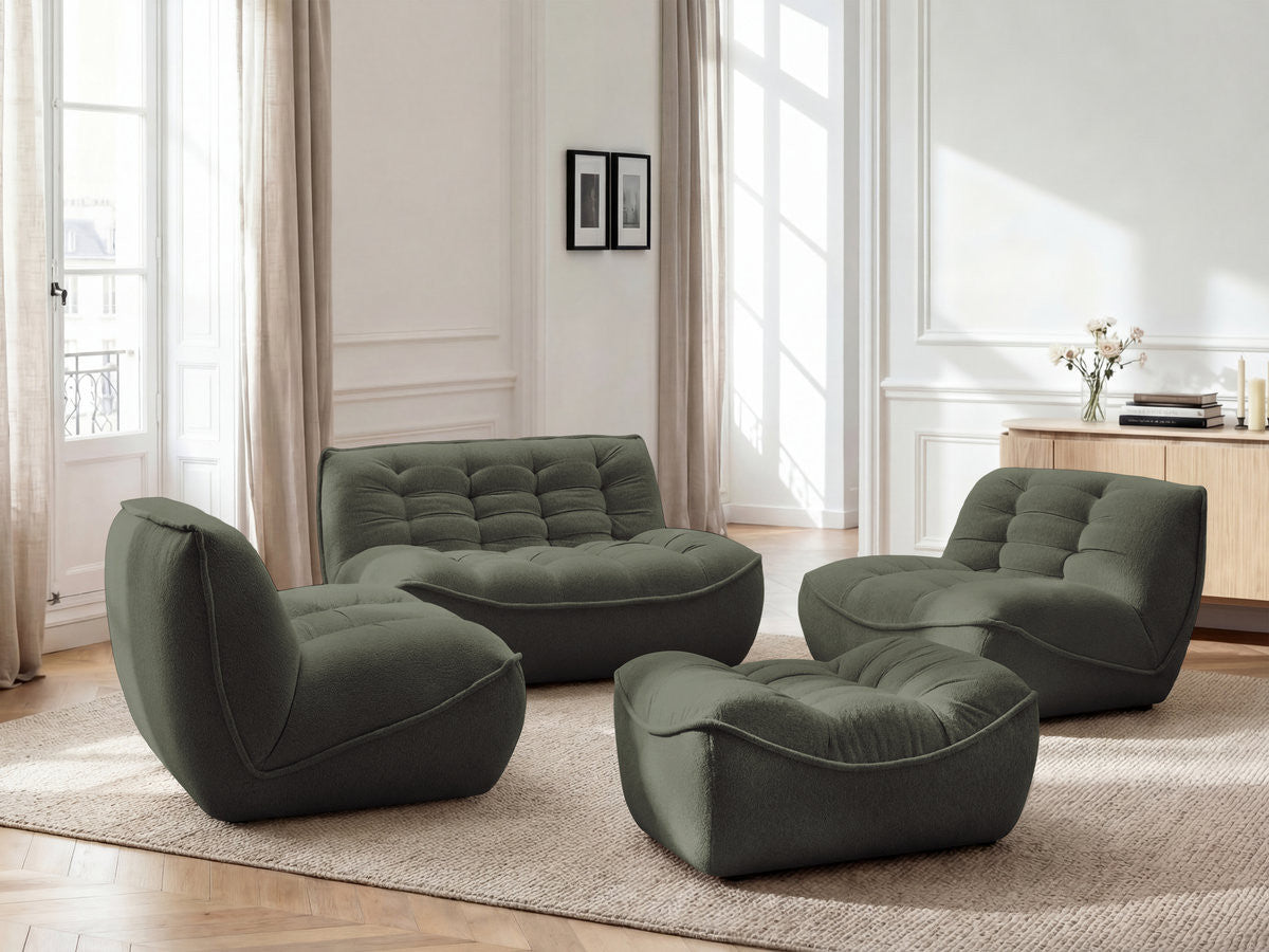 Canapé droit fixe modulable SERENA avec 2 chauffeuses 1 place et 1 chauffeuse 2 places tissu chiné avec pouf