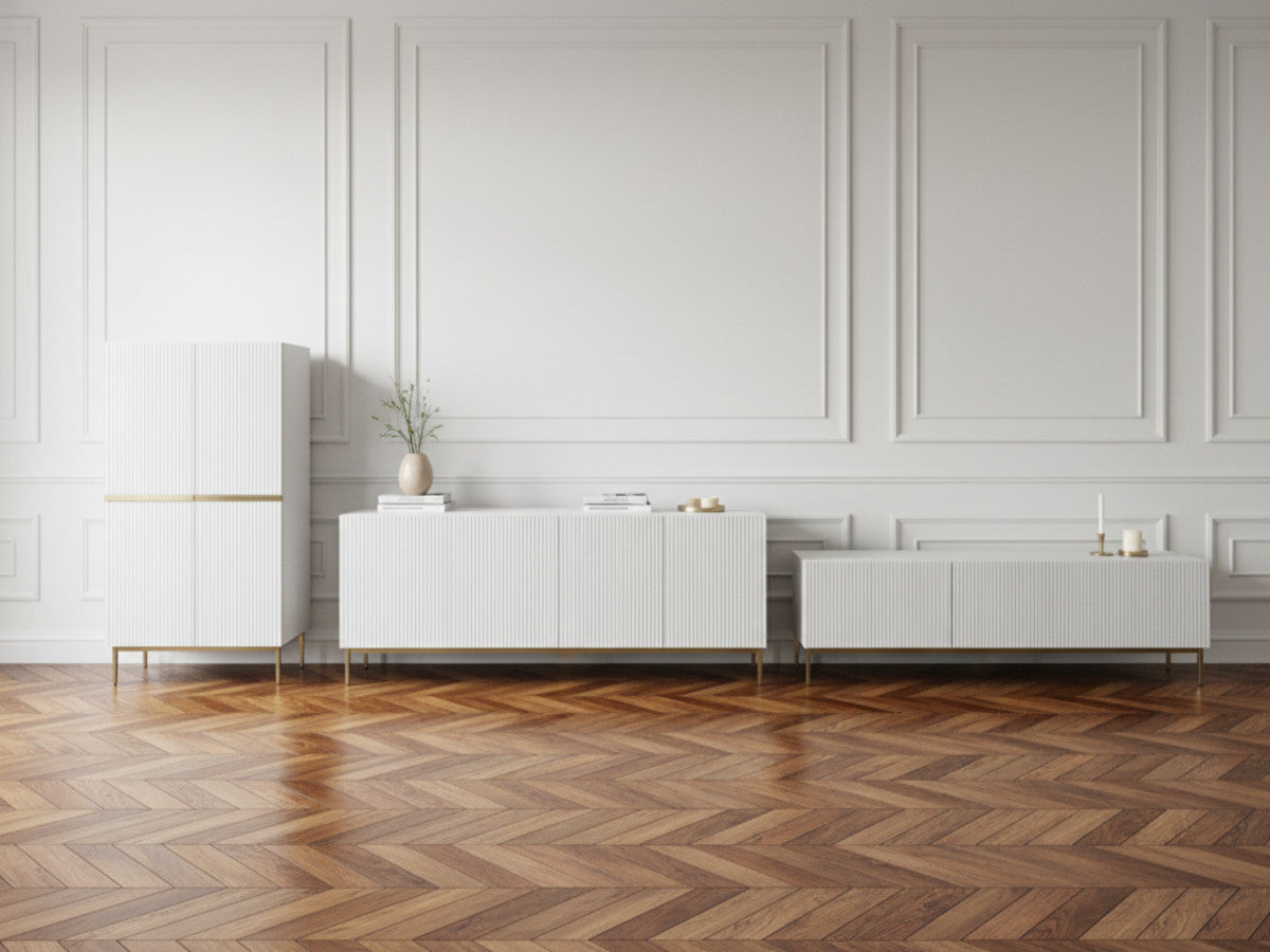 Ensemble KASHA avec Meuble TV 200 cm + Buffet 4 portes 200 cm + Buffet haut 2 portes 100 cm pieds or