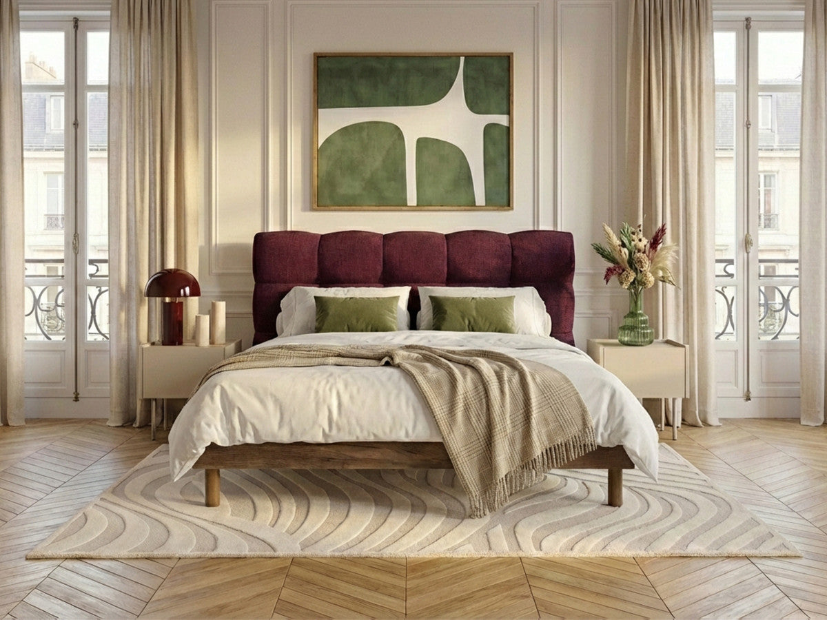 Lit KUMO tissu texturé lattes massives pieds en bois naturel