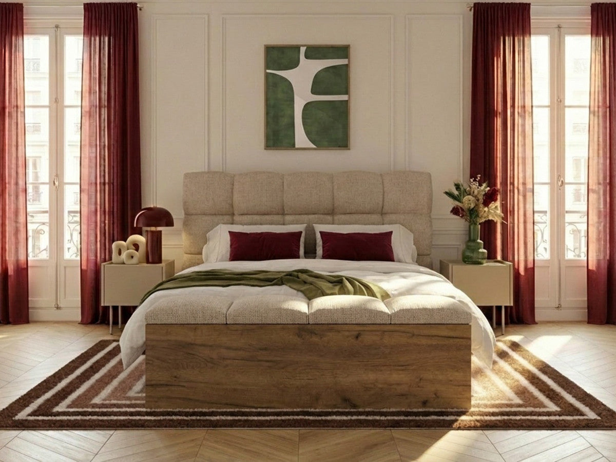 Lit KUMO tissu texturé lattes massives pieds en bois naturel + Bout de lit KUMO tissu texturé