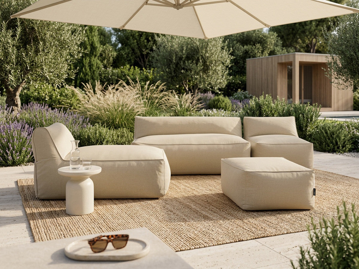 Canapé de jardin modulable RIVIERA avec 1 chauffeuse 1 place, 1 chauffeuse 2 places, 1 méridienne et 1 pouf