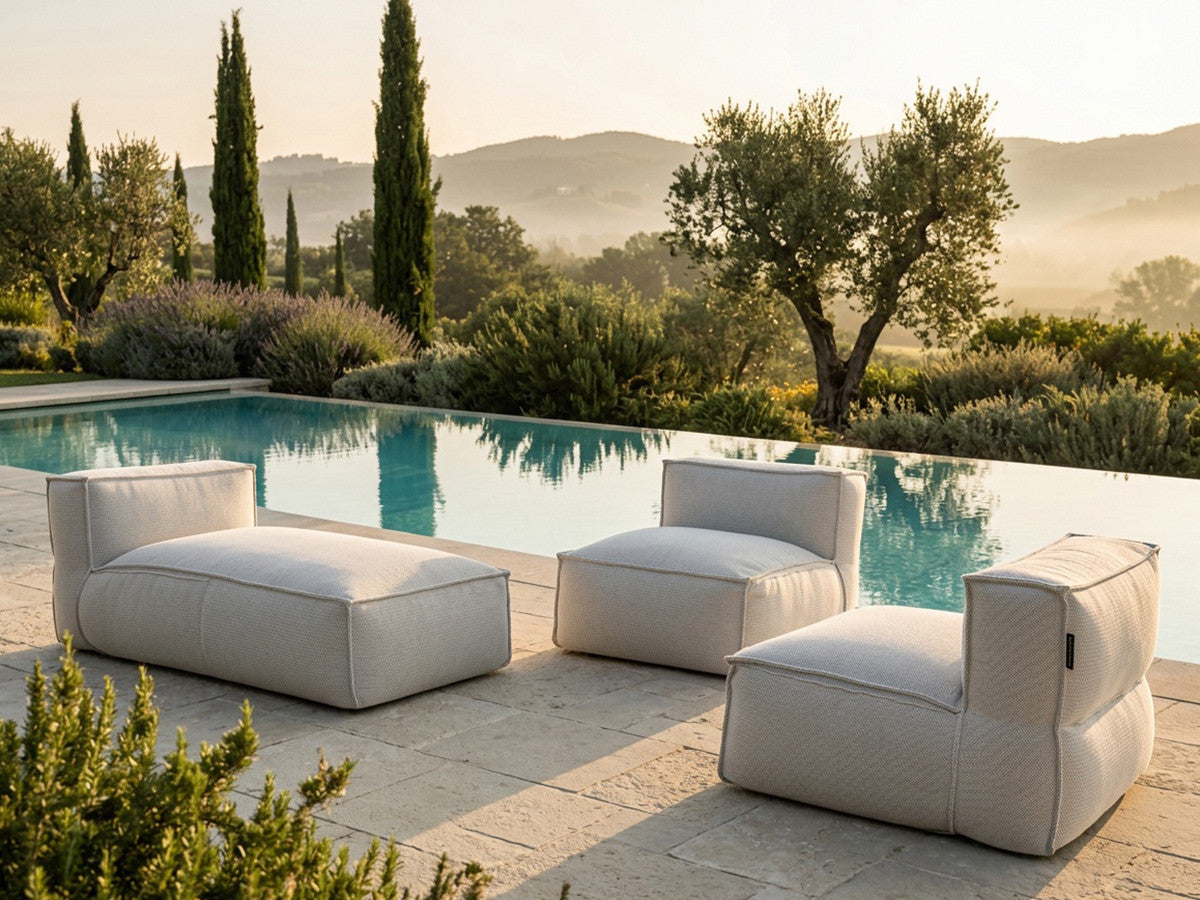 Modulaire tuinbank BIARRITZ met beschermhoes, 2 eenpersoonsfauteuils en 1 chaise longue