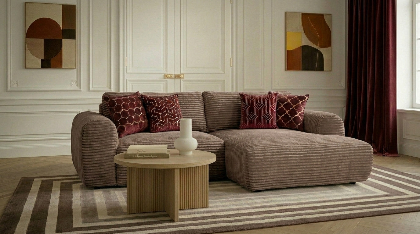 Compacte slaapbank LUCIEN met hoek en opbergruimte in zachte grove ribstof