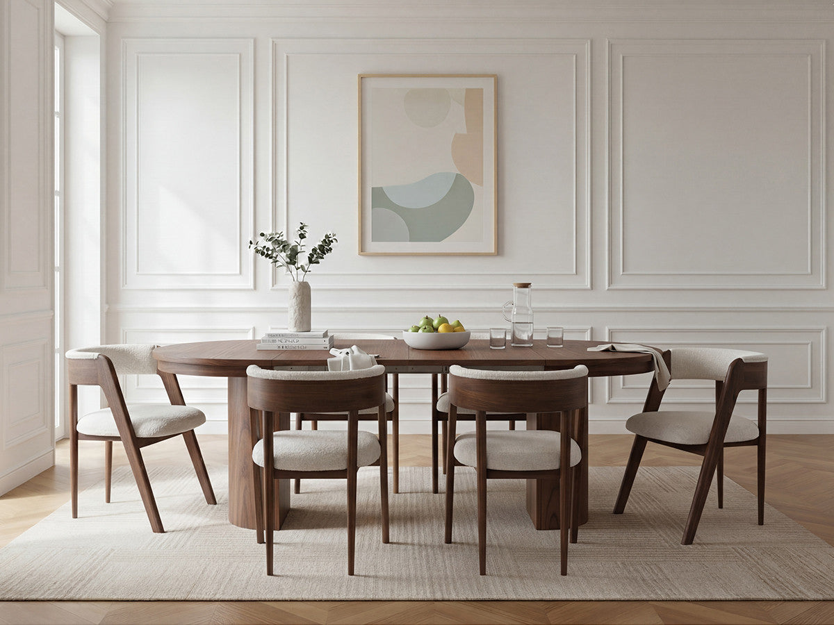Eetkamer set PRADO met uitschuifbare tafel van 110 tot 210 cm + set stoelen BASTIDE van massief eikenfineer
